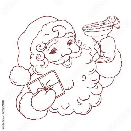 Christmas coloring page with cute Santa Claus holding a margarita. Retro hand drawn doodle linear vector illustration 