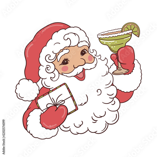 Cute whimsical Santa Claus holding a margarita cocktail and a Christmas gift box