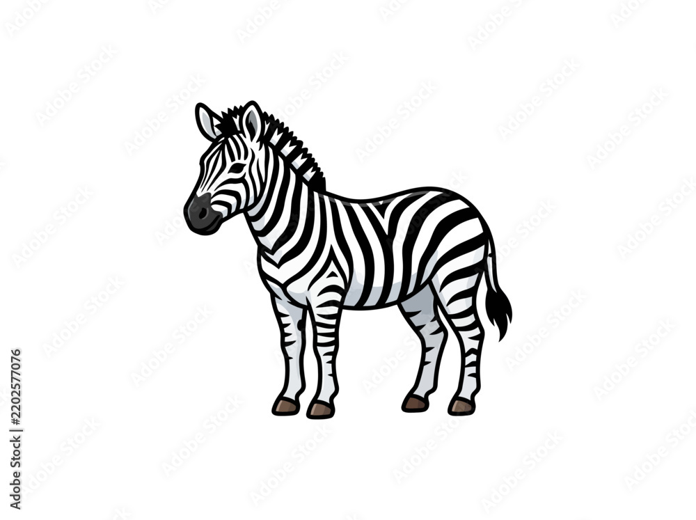Fototapeta premium Standing Zebra Facing Left With Bold Black And White Stripes, African Wildlife Animal Portrait For Safari, Nature Education, And Zoological Design Vector Illustration