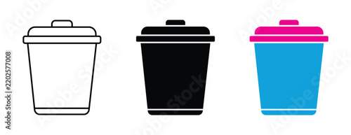 Trash Can Icon Set in Outline Silhouette and Color Styles