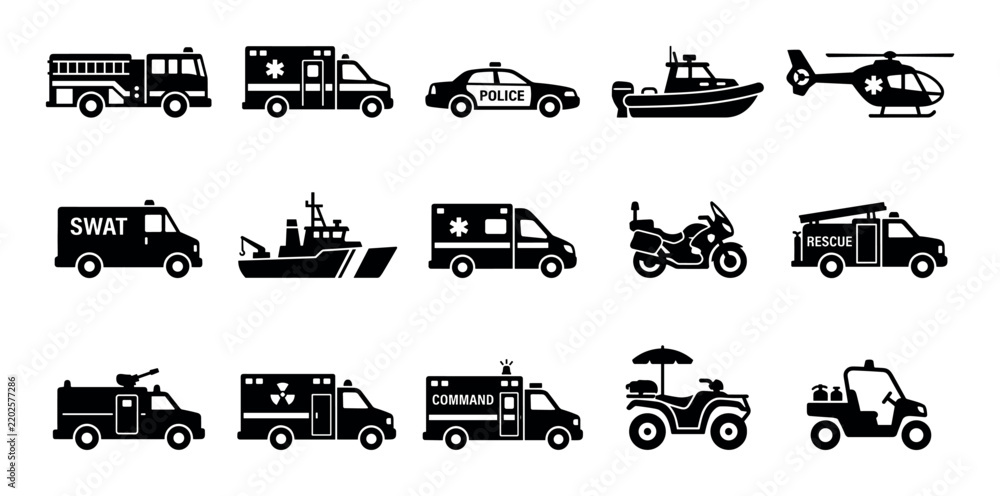 Obraz premium Emergency services design icons with fire engine, ambulance and police car for infographic design in solid glyph style