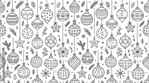 Seamless pattern of hand-drawn Christmas ornaments and stars in black and white doodle style.