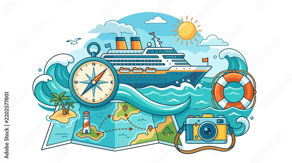 Obraz premium Summer Cruise Vacation Concept with Ship Compass Map and Camera Illustration