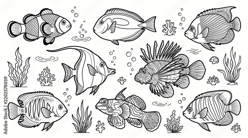 Obraz premium Collection of Hand-Drawn Marine Fish and Underwater Plants in Black and White.