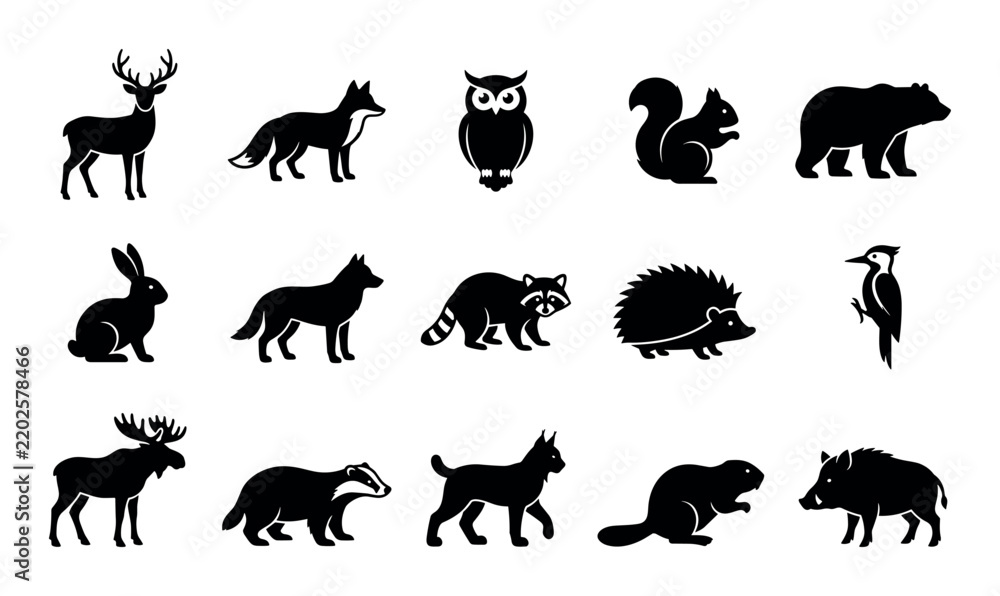 Fototapeta premium Forest animals vector icons with deer, fox and owl for infographic design in clean silhouette style.