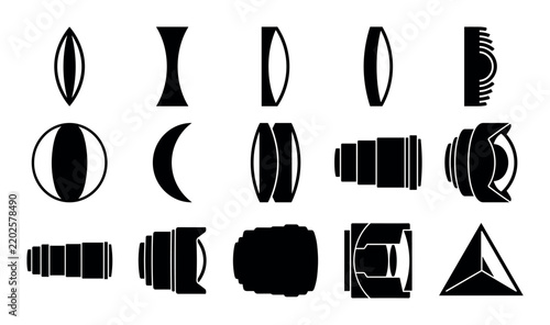 Optical instrument lens vector icons with convex lenses, concave lenses and prism lenses for mobile app design in minimalist glyph style.
