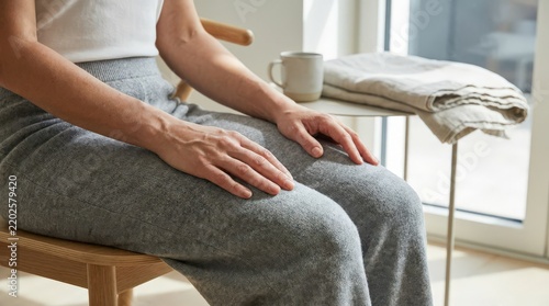 Person wearing grey trousers sits calmly on a wooden chair resting hands on knees.