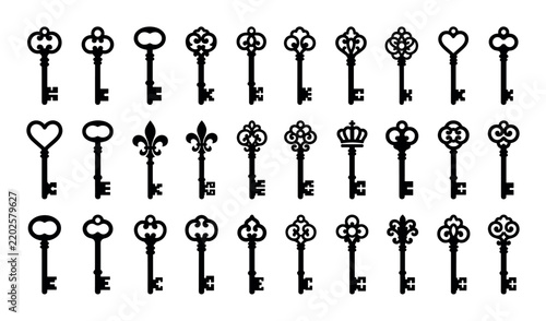 Vintage key design icons with skeleton keys, door keys and ornate keys for graphic design in silhouette style.