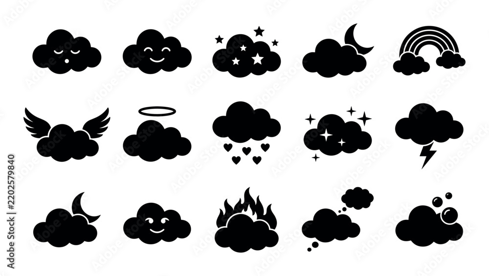 Obraz premium Dreamy cloud elements vector icons with smiles, stars and rain for mobile app design in silhouette style