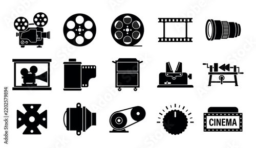 Cinema projector equipment vector icons with film projectors, reels and light bulbs for presentation design in silhouette style