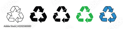 Recycle Symbol Icon Set in Green Blue and Silhouette Styles