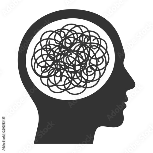 Human head silhouette with tangled mind brain chaos for mental health anxiety