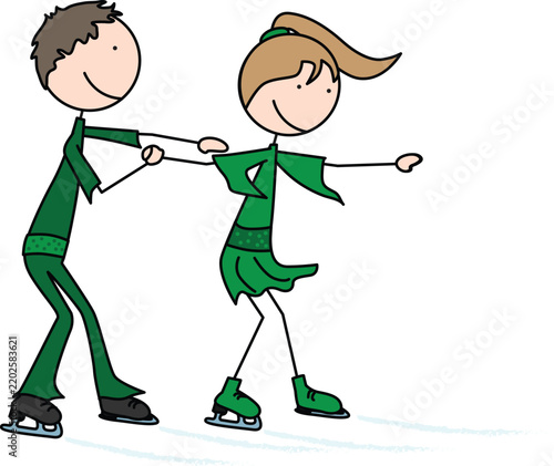 A vector illustration of a happy boy and girl ice skating together on a rink in matching outfits