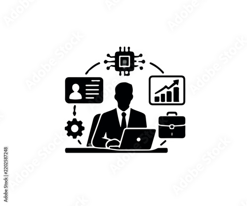 Business automation vector icon illustration featuring data processing, artificial intelligence, and digital workflow