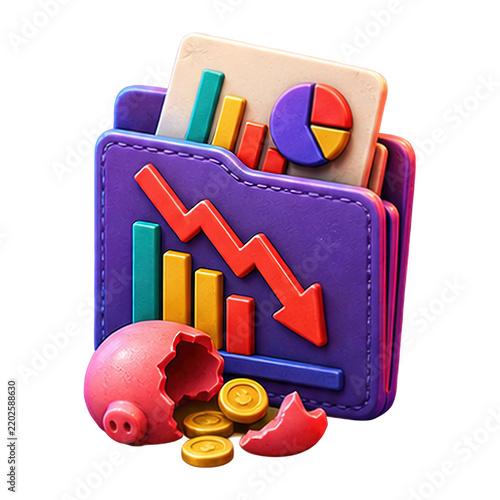 3D icon of a purple wallet with a declining red graph and a broken piggy bank with gold coins
