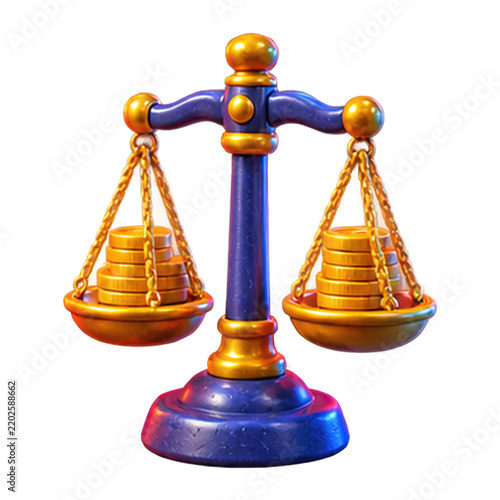 3D render of a blue and gold balance scale holding stacks of shiny coins on white background