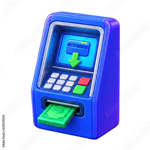 3D render of a blue automated teller machine dispensing cash isolated on a white background