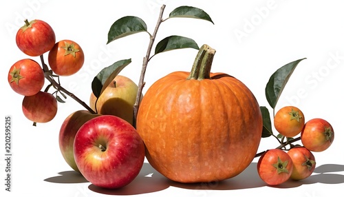 Autumn background with apples and pumpkin seasonal harvest elements cut out White background with shadow. AI GENERATED.