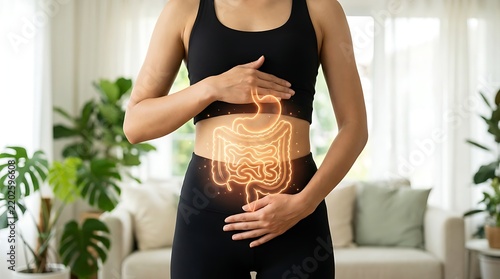 Woman holding her midsection with glowing yellow intestinal organ graphic symbolizing digestion care metabolic rate and gut flora balance in bright indoor environment.