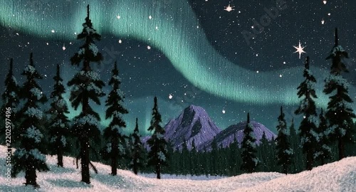 Northern lights shine above mountains and trees in a winter landscape at night