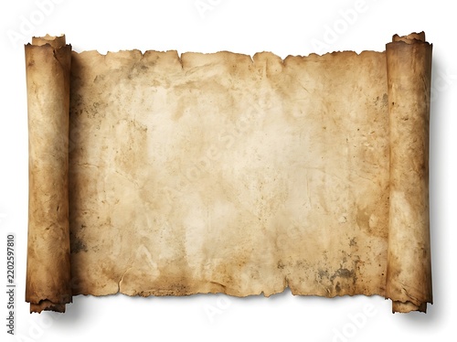 Ancient aged parchment scroll with rough torn edges and natural texture on white background for historical documents or medieval manuscripts.