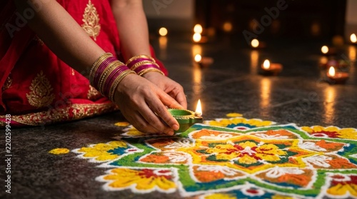 Woman Lighting Diya Oil Lamp on Colorful Rangoli Floor Decoration for Traditional Diwali Hindu Festival Celebration