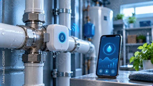 Smart water meter on pipe with smartphone displaying app interface for monitoring water usage, smart home technology, leak detection, data analysis.