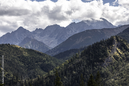View of the Tatra Mountains featuring rugged peaks, dense coniferous forests, and a cloudy sky in Poland.
