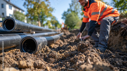 HDPE water pipeline sections positioned beside a roadside construction zone ready for installation, worker in high visibility clothing examining pipe alignment and ground conditions, excavated trenc