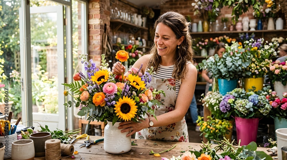 Fototapeta premium A florist arranges vibrant sunflowers in a boutique surrounded by lush greenery and colorful blooms under natural light.