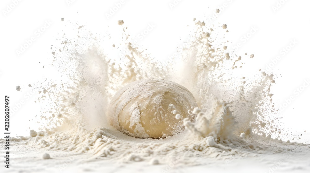 Obraz premium Bread dough creating a dynamic splash in white flour