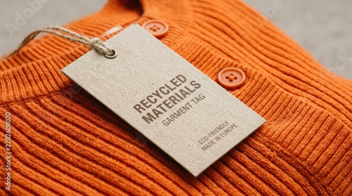 Eco Friendly Recycled Materials Garment Tag Attached to Orange Knitted Wool Sweater for Sustainable Fashion Retail