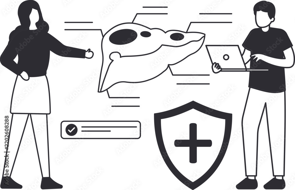 Fototapeta premium Liver health medical checkup with doctor and patient. Human anatomy diagram for patient education, disease prevention, and health insurance. Hepatology consultation concept.