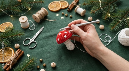 Hand Crocheting Cute Mushroom Ornament for Christmas Holiday Decor and DIY Festive Handicraft Project