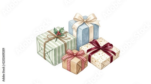 Watercolor Christmas Gift Boxes with Ribbons and Bows Isolated on White Background for Festive Holiday Celebration and Greeting Cards