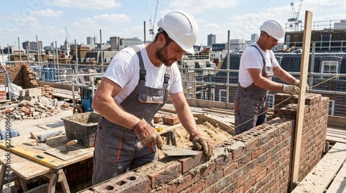 Professional Bricklayer Builders Laying Brick Wall on Rooftop Urban Construction Site With Protective Hard Hats