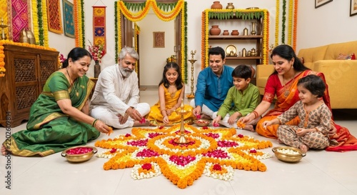 Happy Indian Multigenerational Family in Traditional Attire Making Flower Rangoli for Diwali Festival Celebration at Home