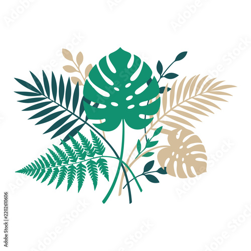 Tropical monstera and palm leaf botanical arrangement on white background