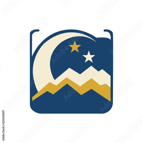 Ramadan Kareem crescent moon and mountain icon with stars on blue background