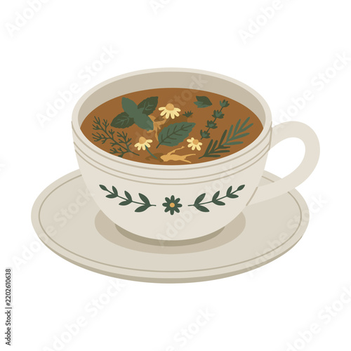 Herbal tea cup with chamomile flowers and mint leaves in flat illustration