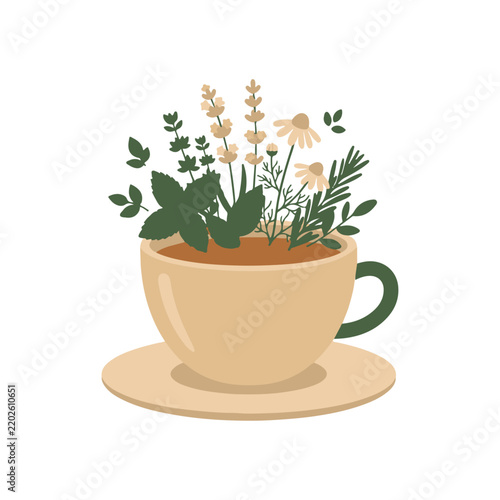 Herbal tea cup with fresh mint lavender and chamomile flowers illustration
