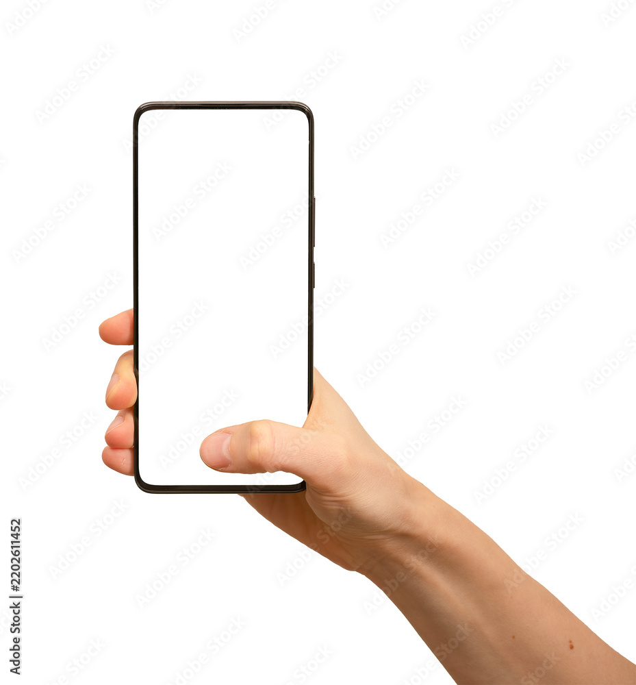 Obraz premium Smartphone in hand thumb tapping mockup isolated on white background. Mobile cell phone blank screen
