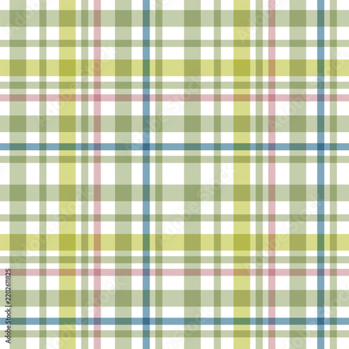 A seamless plaid pattern with intersecting lines in green, blue, pink, and yellow on a white background