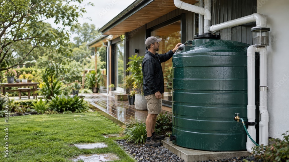 Obraz premium Homeowner checking rainwater tank beside modern house