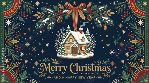 Merry christmas and a happy new year greeting card with snowcovered house and fir branches illustration