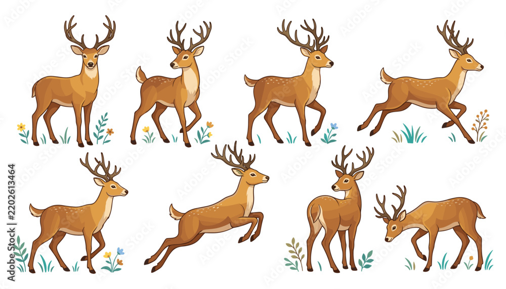 Obraz premium Cute Hand Drawn Deer Collection with Majestic Antlered Bucks in Standing, Walking and Running Poses for Wildlife and Nature Designs