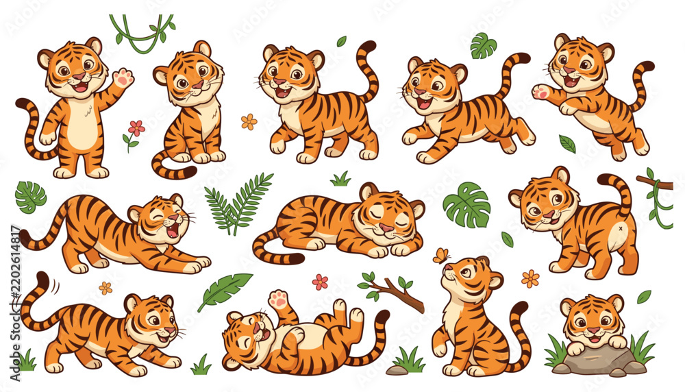 Obraz premium Cute Hand Drawn Tiger Character Collection with Playful Cubs in Running, Sitting, Sleeping and Jumping Poses for Wildlife Designs