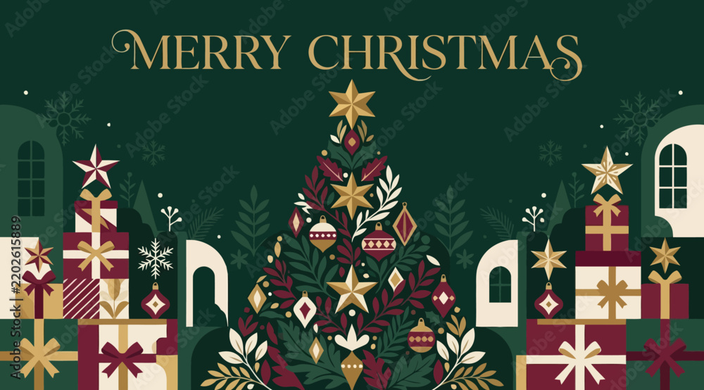 Obraz premium Merry christmas greeting card design with a decorated pine tree, gift boxes, and festive ornaments in a flat, stylized illustration style on a dark green background
