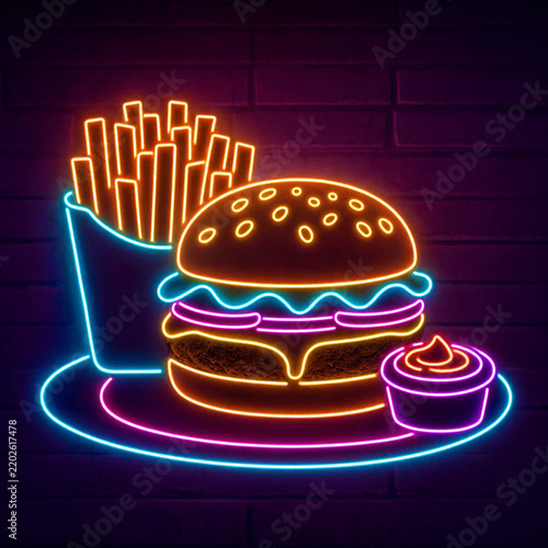Bright neon sign depicting a delicious cheeseburger and french fries combo on brick wall