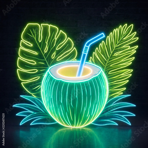 Bright neon sign depicting a tropical coconut drink with palm leaves and a straw